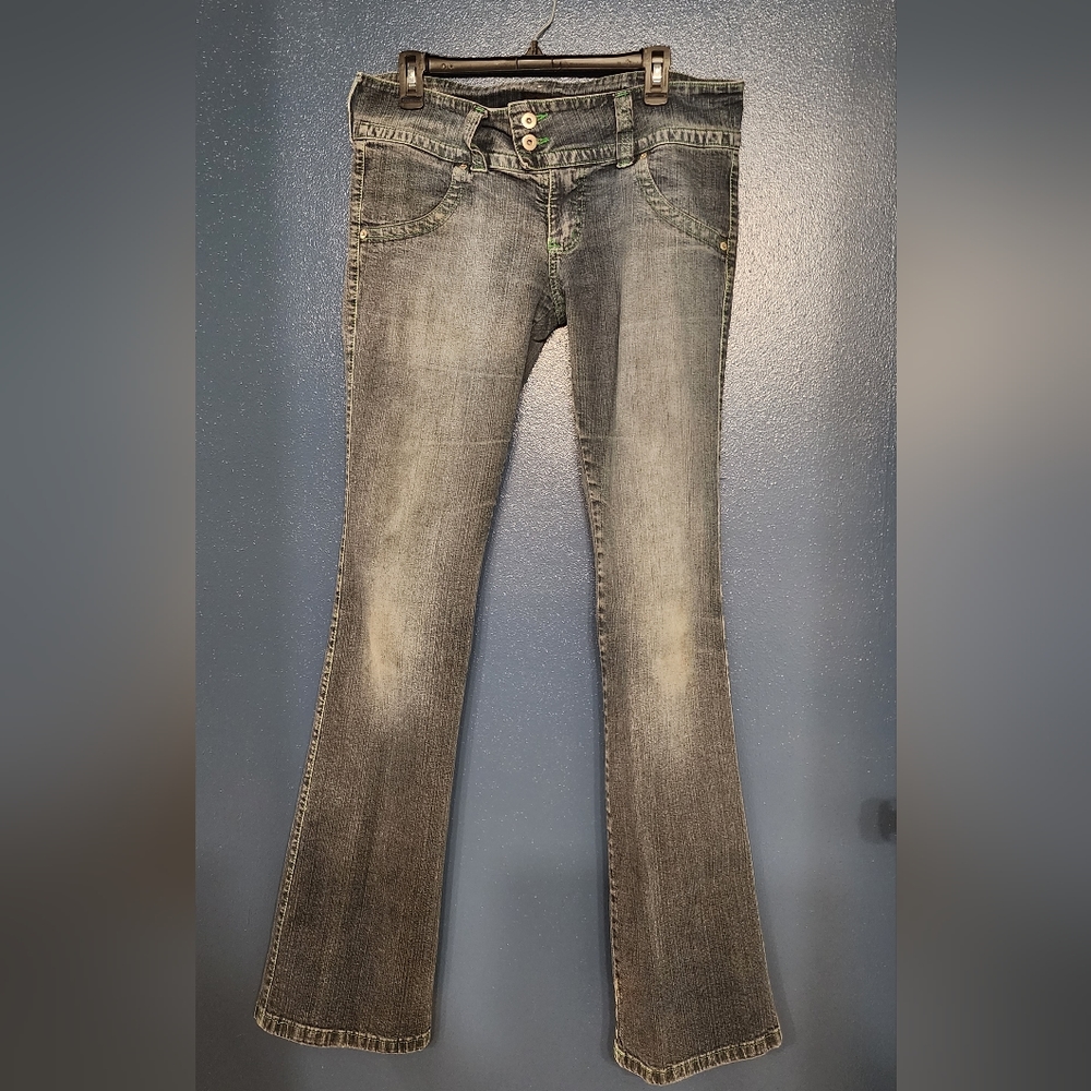 Vintage 2000s Spoon Jeans - size 13L, 36" inseam, low rise, green stitching